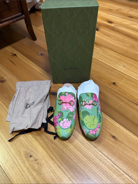 Gucci Shoes - Gucci Green Floral Leather Horsebit Loafers